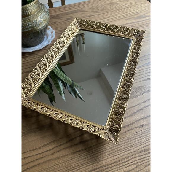 Vintage Filigree Vanity Dresser Tray Mirrored Footed Tray Gold Metal Ornate Vintage Filigree Vanity Dresser Tray Mirrored Footed Tray Gold Metal Ornate